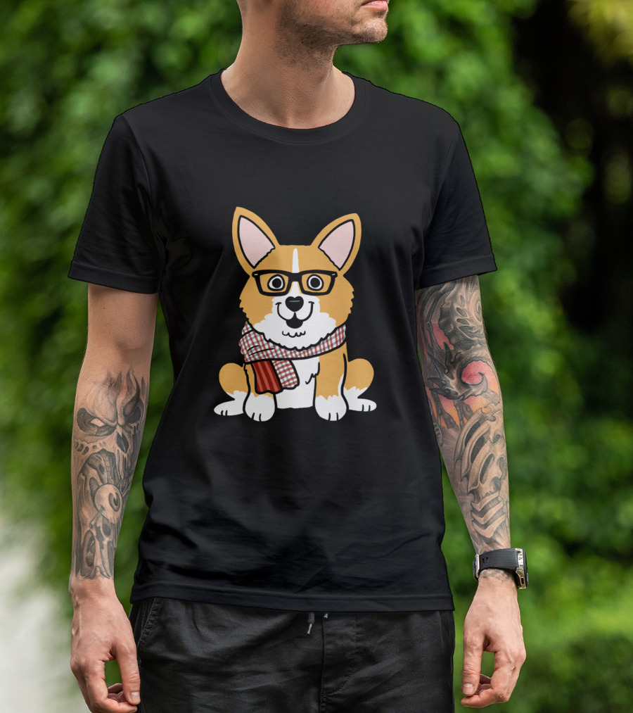 Dog Corgi Hipster Glasses Scarf T-Shirt