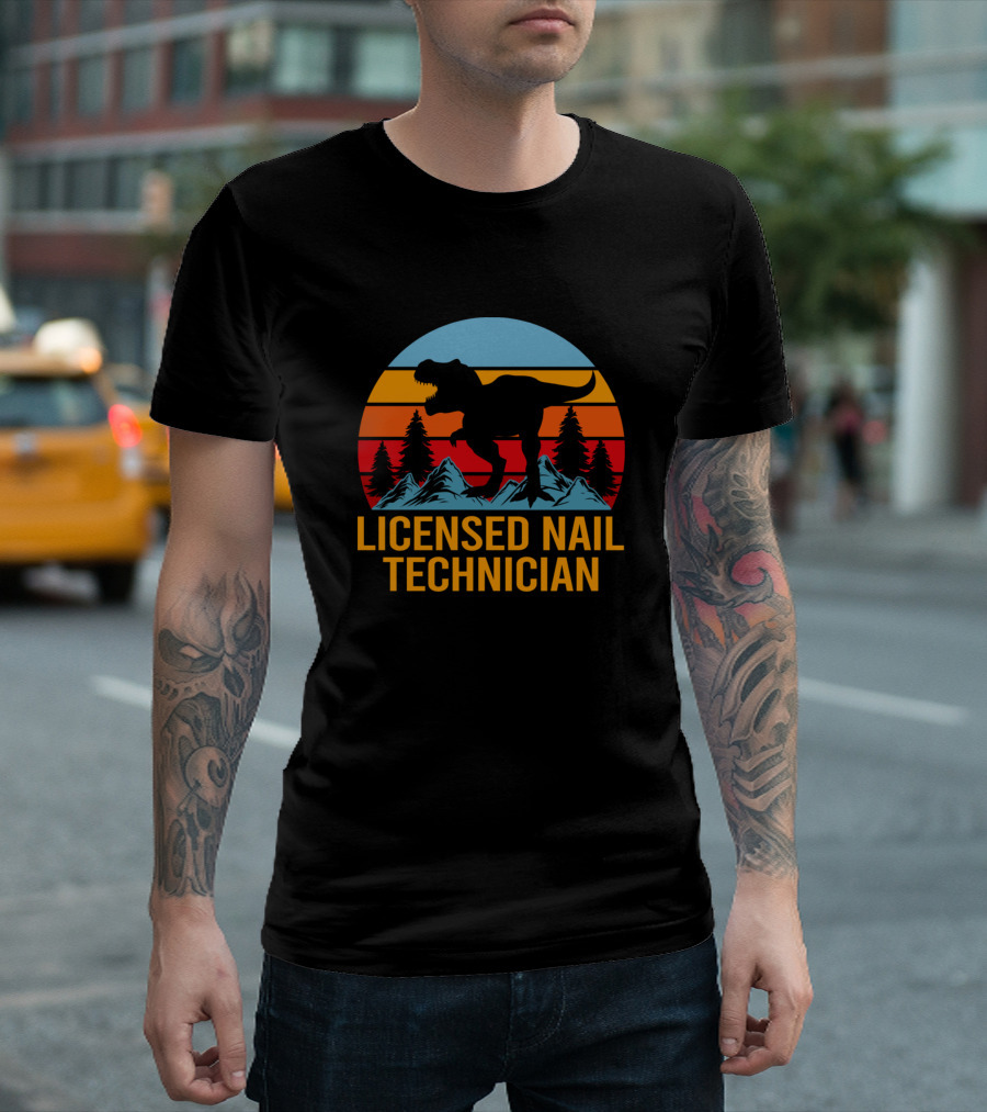 Licensed Nail Technician Dinosaur Retro Sunset T-Shirt