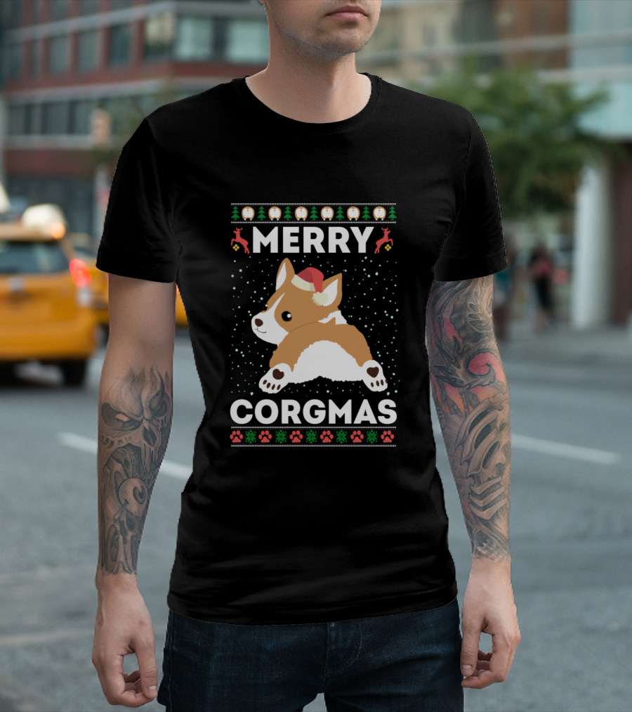 Merry Corgmas Funny Corgi Dog Lovers Christmas Santa Hat Snowflakes Paw Prints Holiday T-Shirt