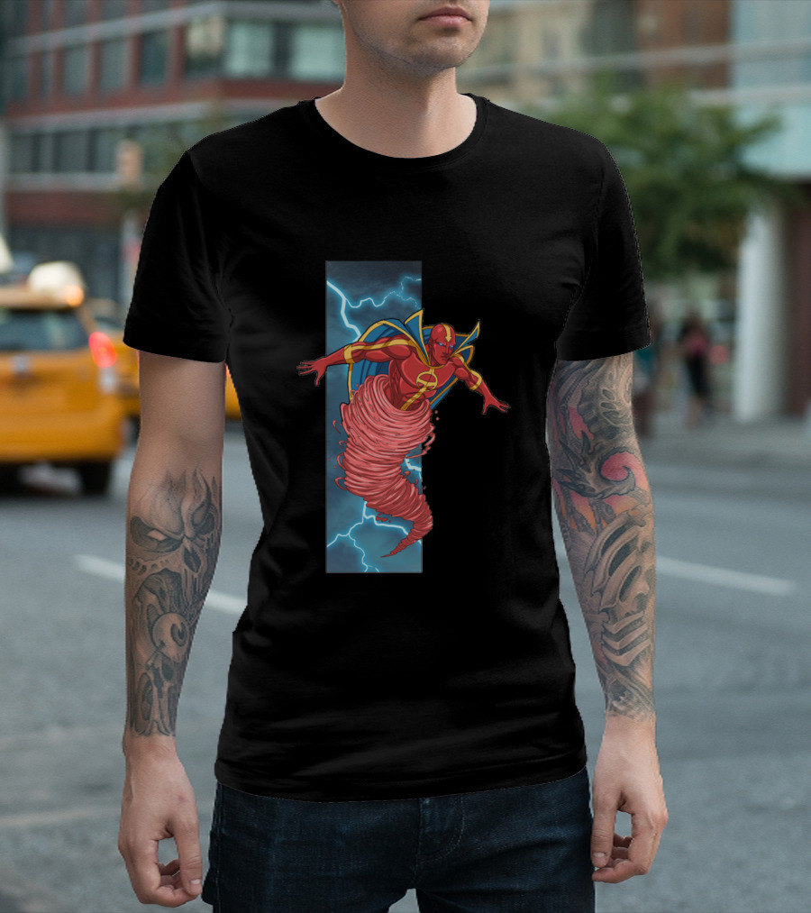Red Tornado II Justice League of America Series Superhero in Action with Lightning Background T-Shirt