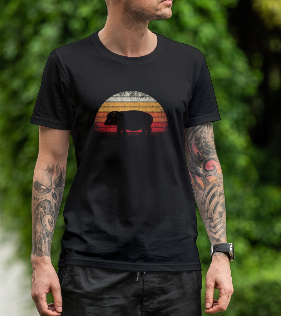 Retro Safari Animal Hippopotamus Sunset Stripes T-Shirt