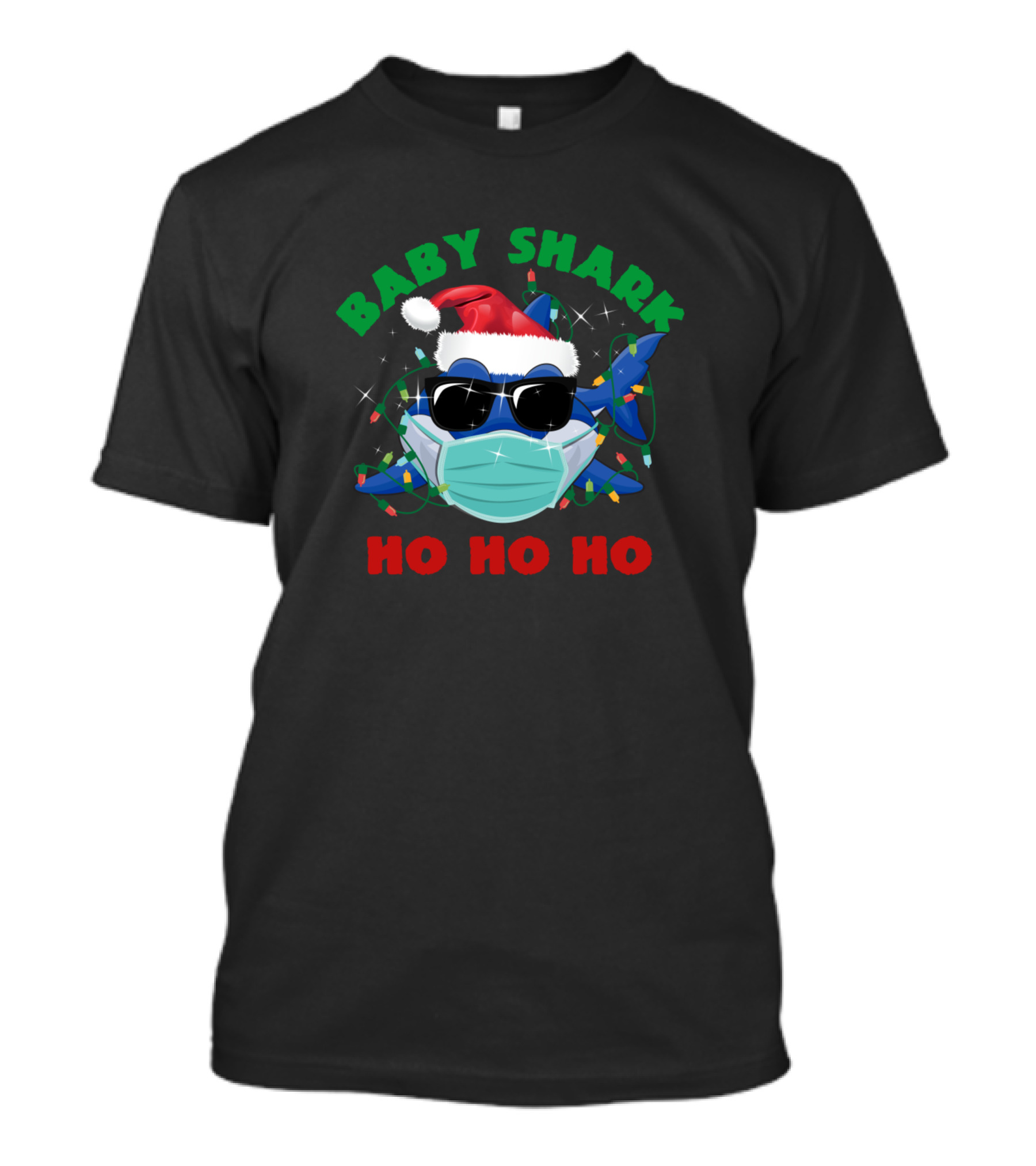 Baby Shark Ho Ho Ho Santa Mask Sunglasses Christmas Lights T-Shirt