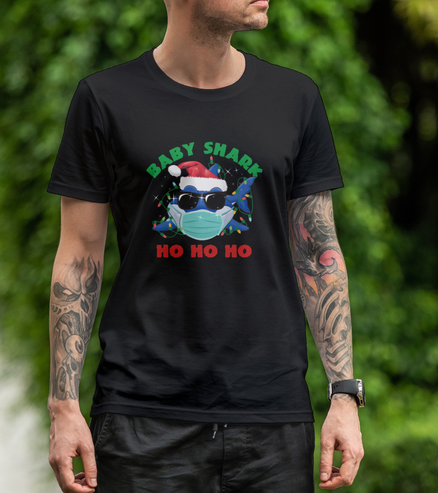 Baby Shark Ho Ho Ho Santa Mask Sunglasses Christmas Lights T-Shirt