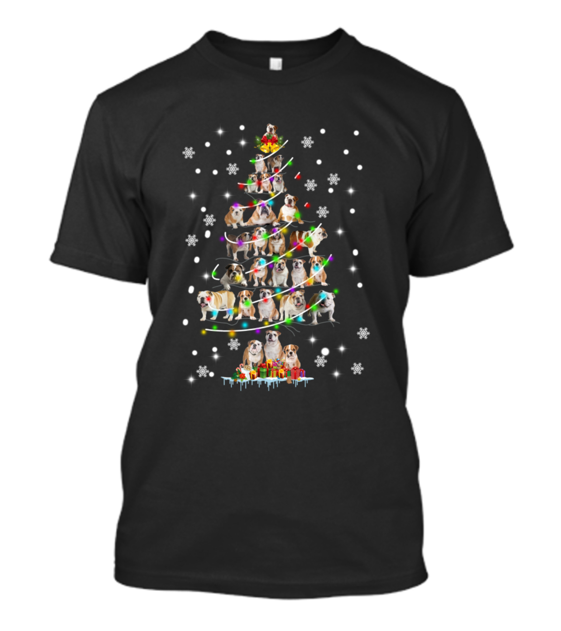 Festive Bulldog Christmas Tree With Snowflakes And Presents T-Shirt