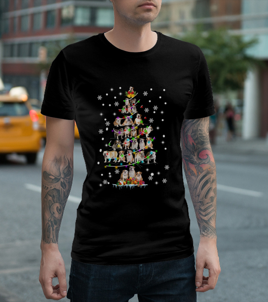 Festive Bulldog Christmas Tree With Snowflakes And Presents T-Shirt