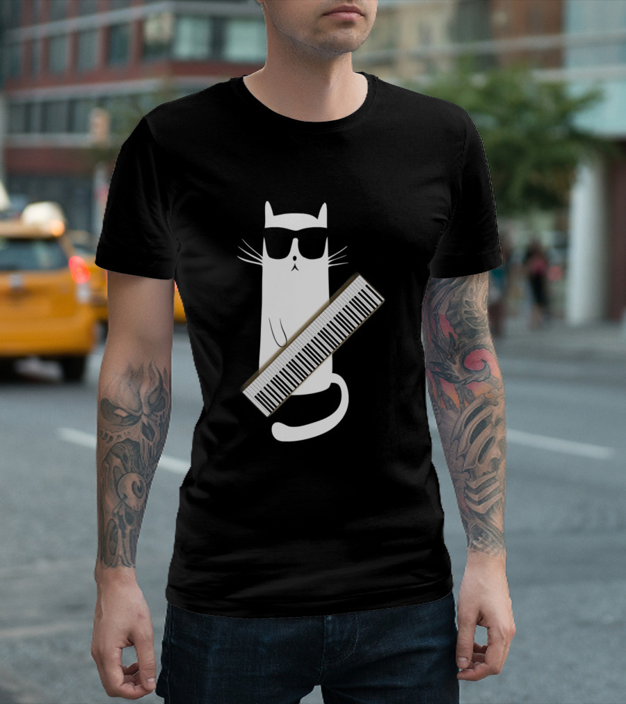 Cat Wearing Sunglasses Playing Keytar Guitar Keyboard T-Shirt