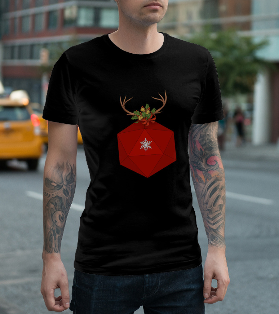 Dice Upon Critmas Red D20 Snowflake Ornament With Antlers And Holly T-Shirt