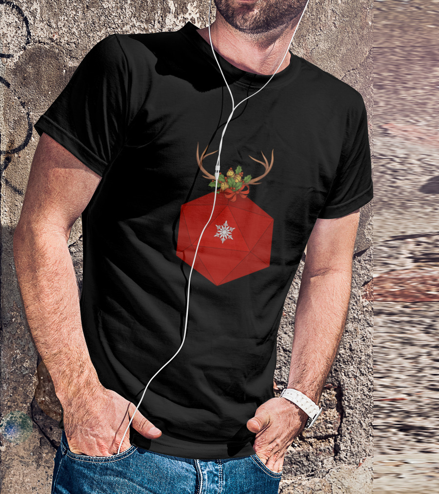 Dice Upon Critmas Red D20 Snowflake Ornament With Antlers And Holly T-Shirt