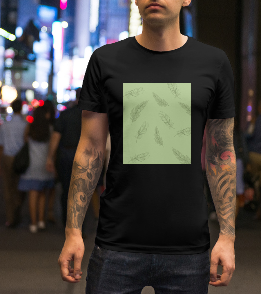 Green Feather Pattern On Light Green Background T-Shirt
