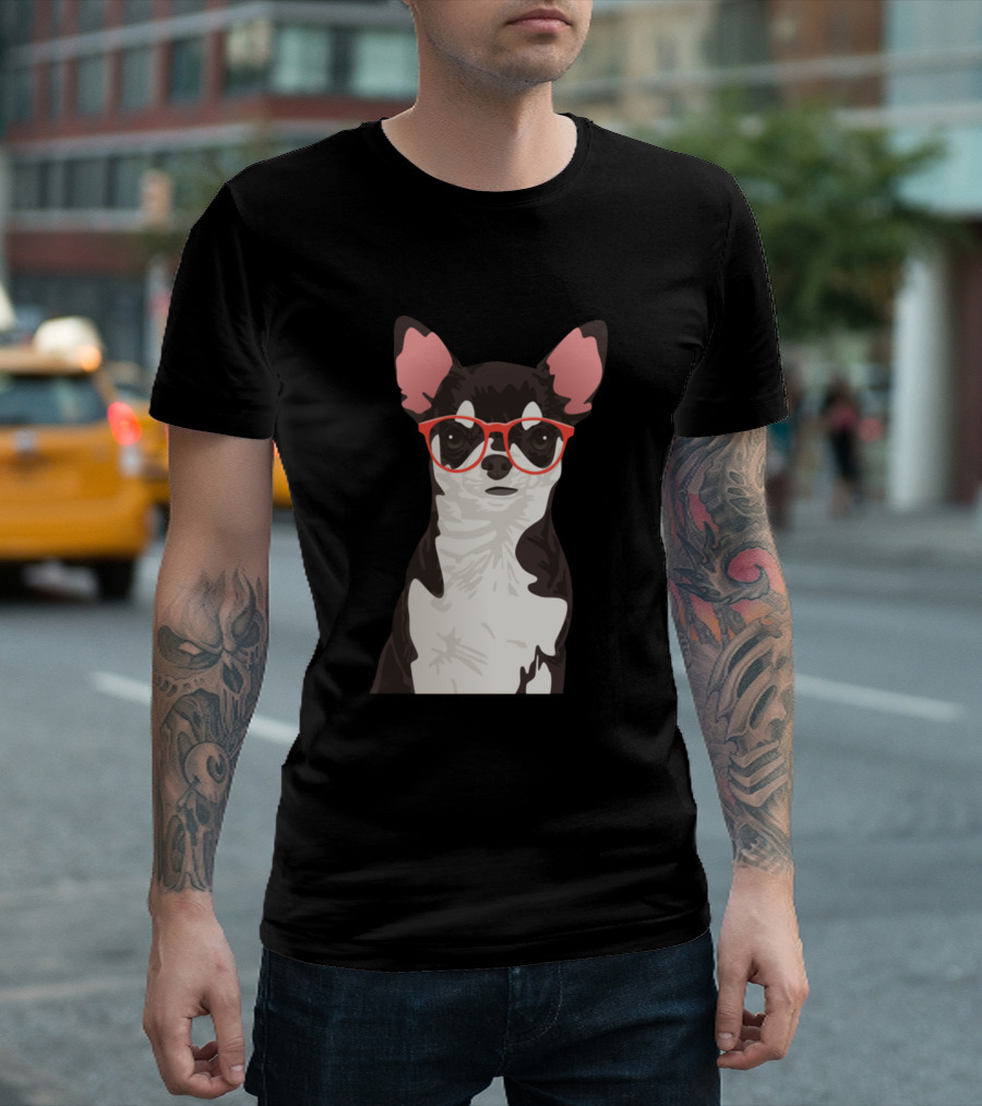 Hipster Black And White Coat Chihuahua Wearing Red Glasses T-Shirt