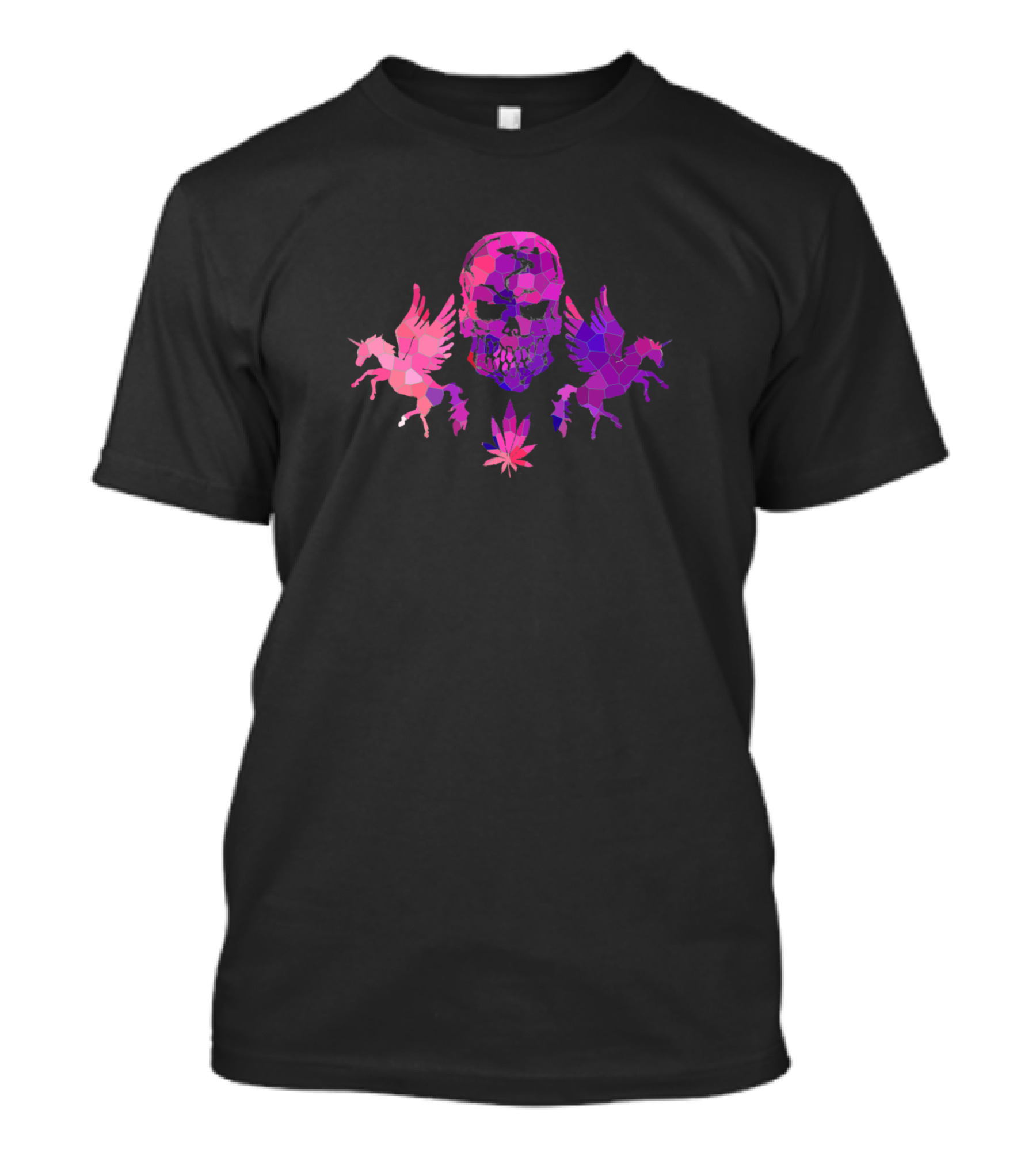 Human Skull With Pink Purple Unicorns And Leaf T-Shirt