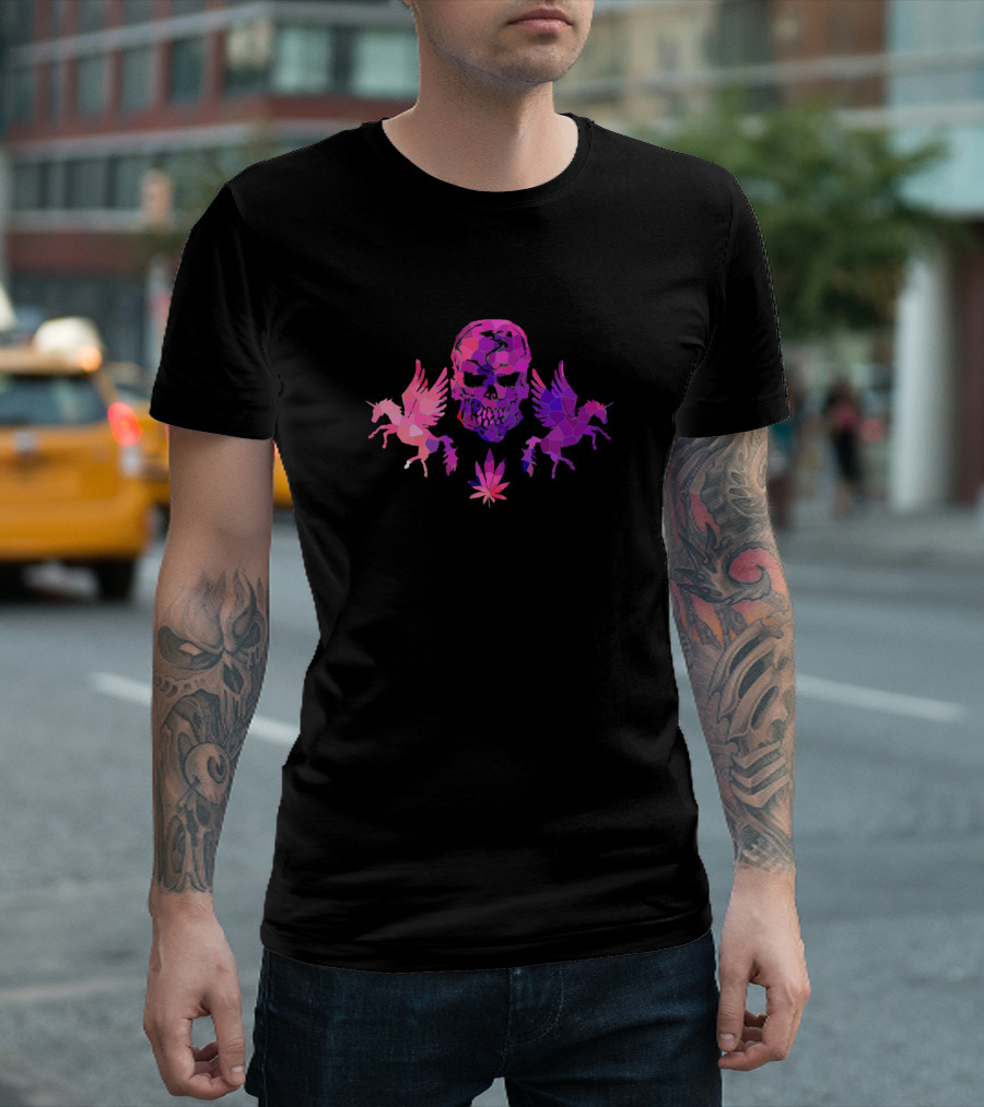 Human Skull With Pink Purple Unicorns And Leaf T-Shirt