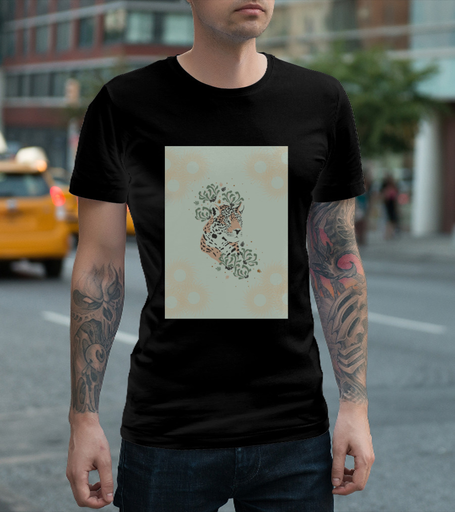 Leopard Surrounded by Tropical Greenery and Abstract Sunbursts T-Shirt
