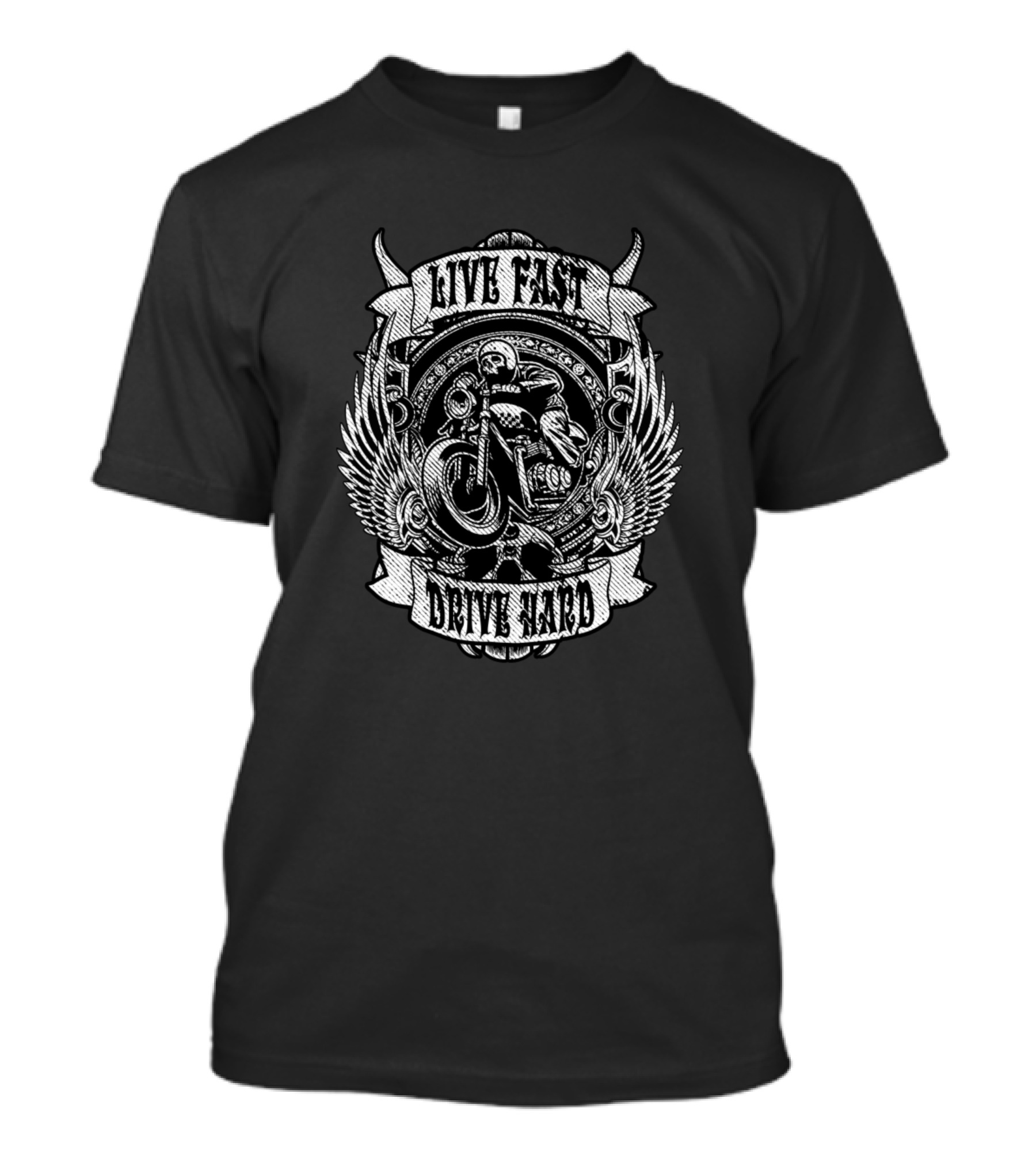 Live Fast Drive Hard Skull Wings Motorcycle Rider T-Shirt