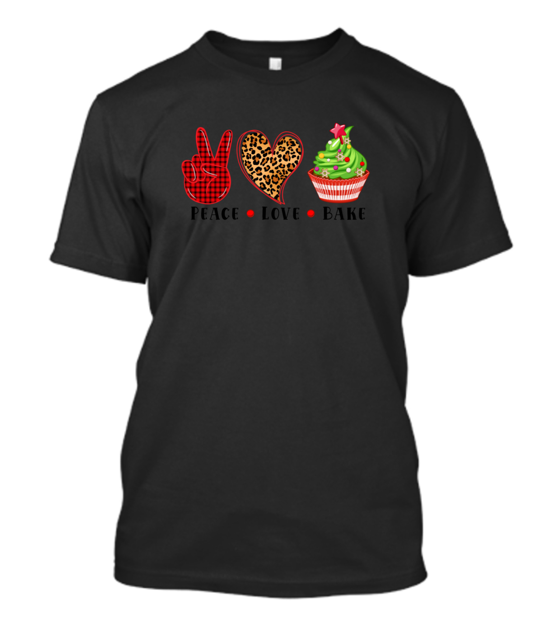 Peace Love Bake Plaid Leopard Print Cupcake Christmas T-Shirt