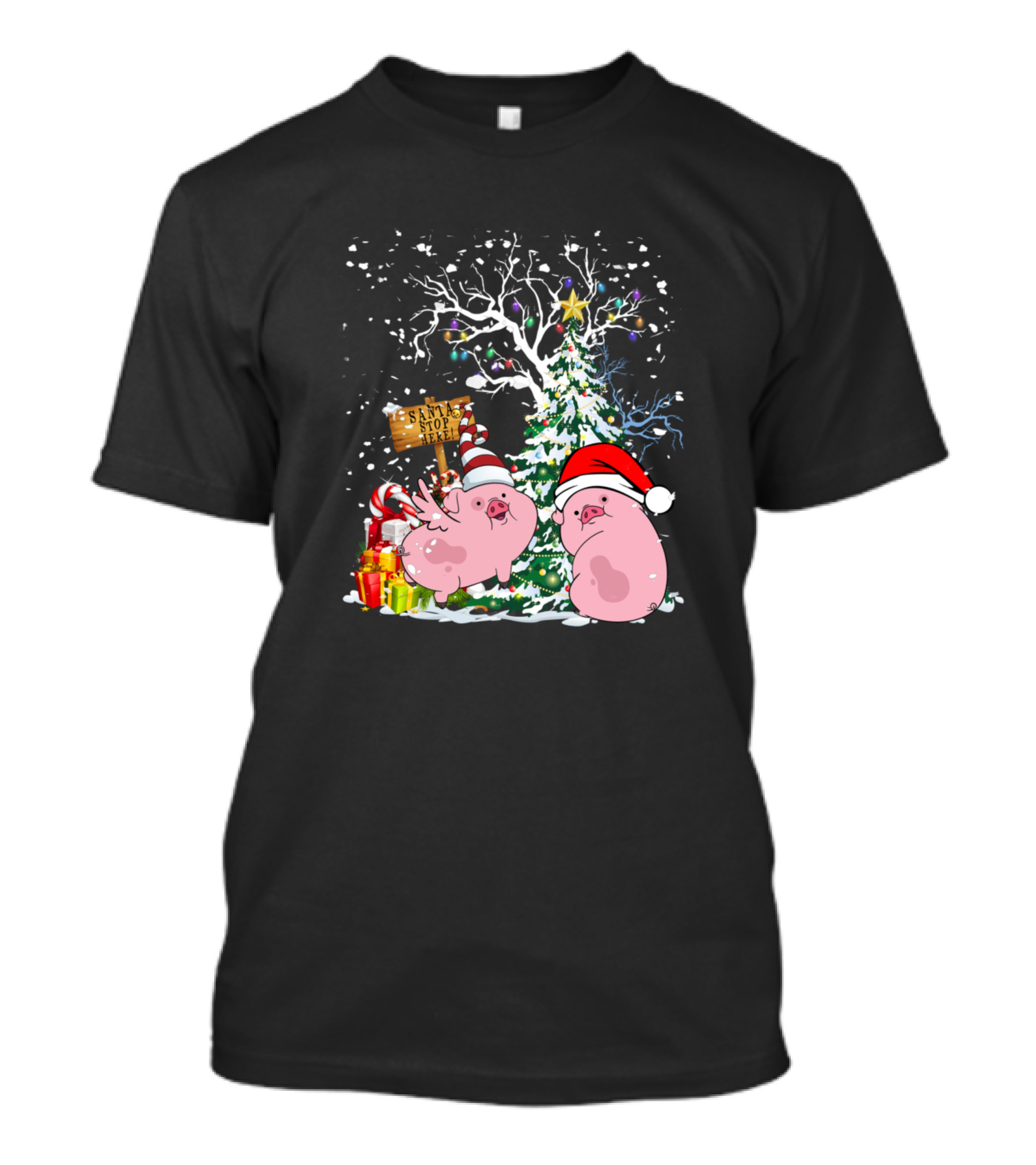 Pigs With Santa Hats Christmas Tree Snow Gifts Ornaments T-Shirt