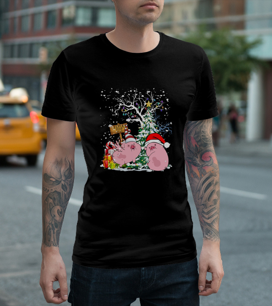 Pigs With Santa Hats Christmas Tree Snow Gifts Ornaments T-Shirt