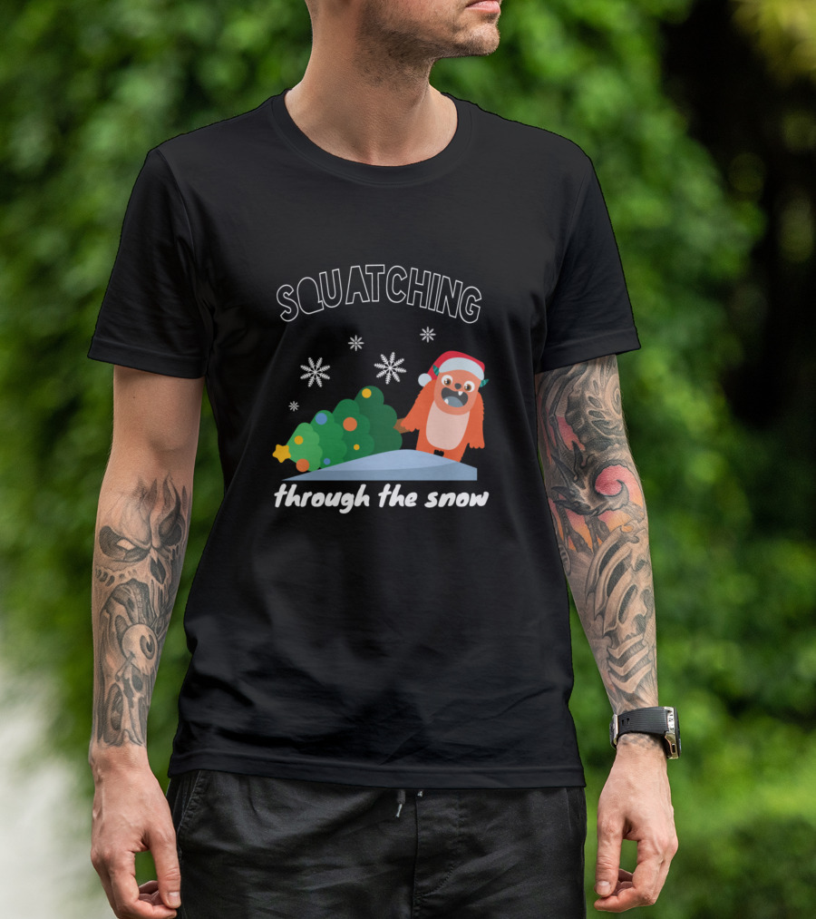 Squatching Through The Snow Christmas Sasquatch Holiday Santa Hat Snowflakes T-Shirt