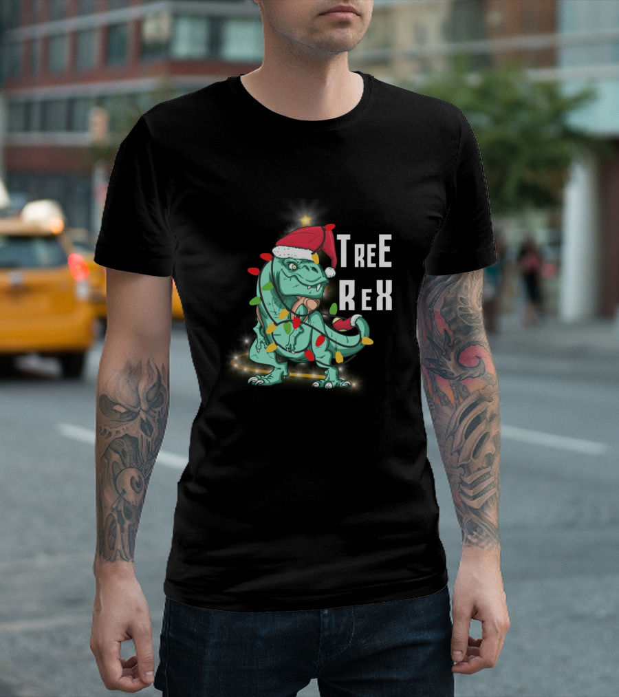 Tree Rex Dinosaur with Santa Hat and Christmas Lights T-Shirt