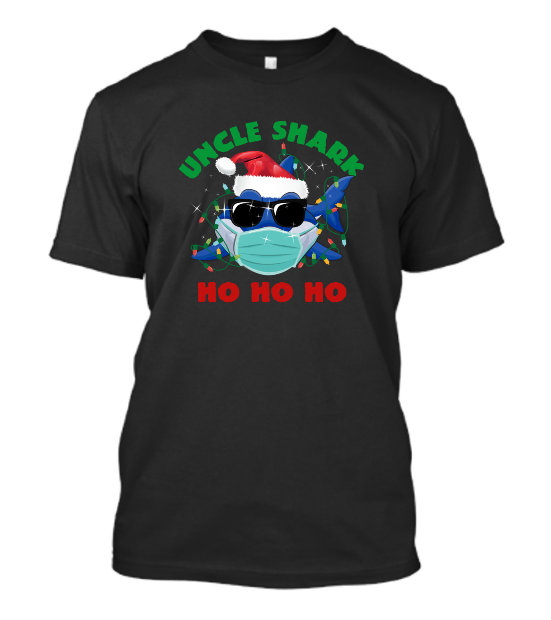 Uncle Shark Ho Ho Ho Santa Mask Sunglasses Christmas Lights T-Shirt