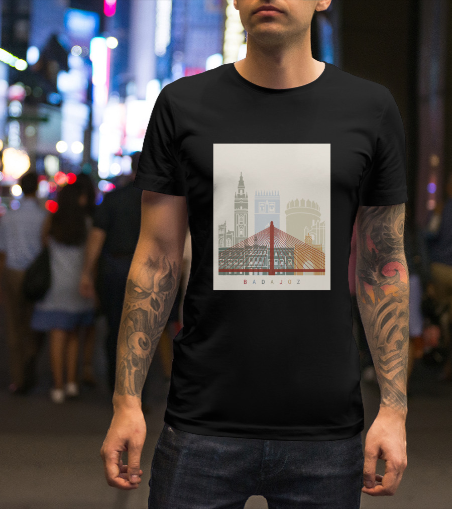Badajoz Cityscape Landmarks Silhouette Graphic Tower Bridge Cathedral T-Shirt