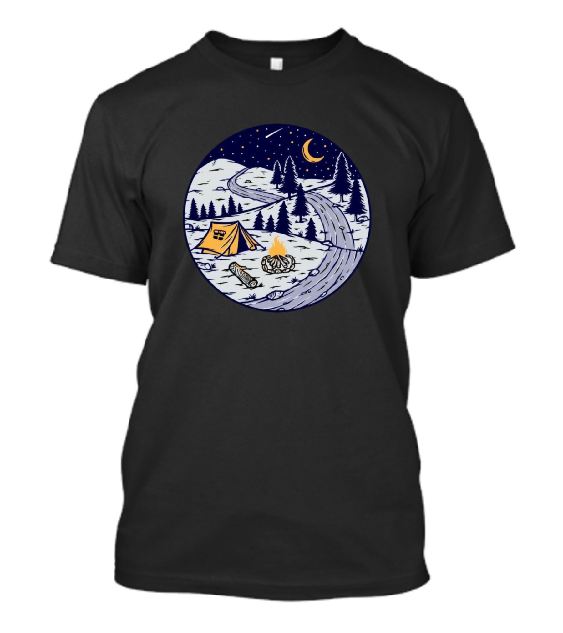 Moonlit Winter Camping Adventure By Starlit River Trail T-Shirt