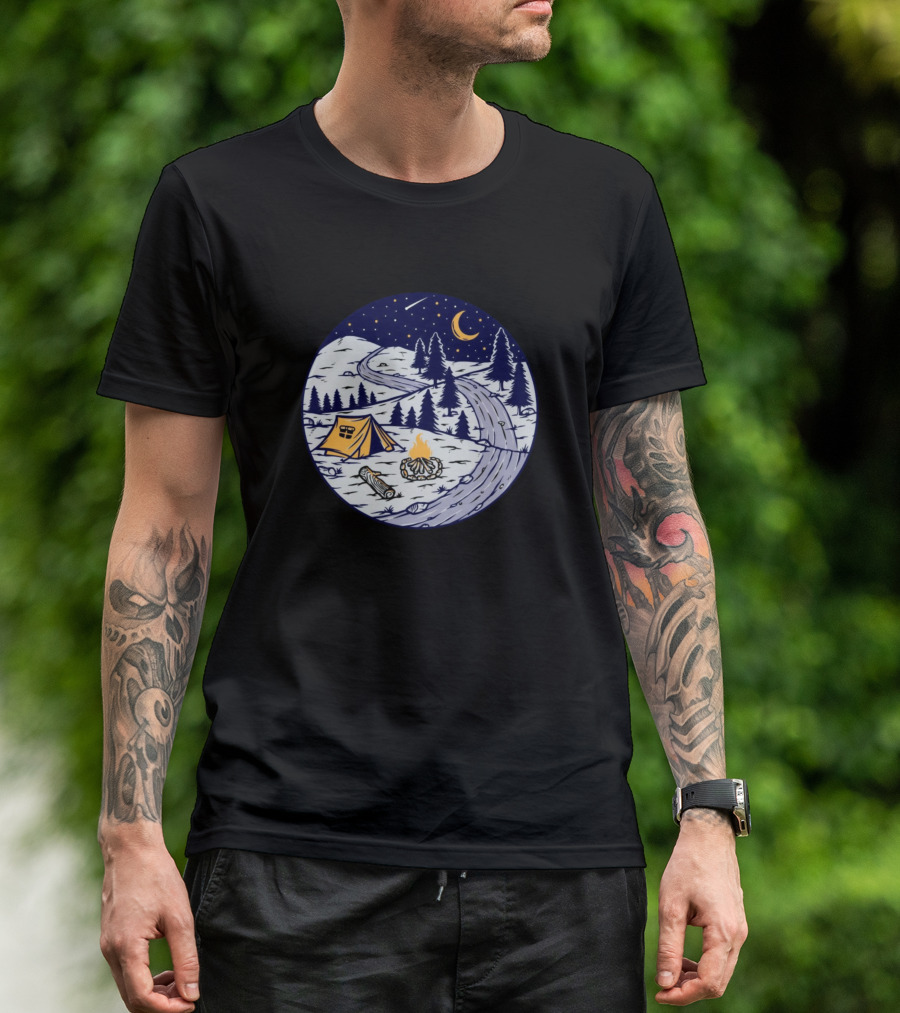 Moonlit Winter Camping Adventure By Starlit River Trail T-Shirt