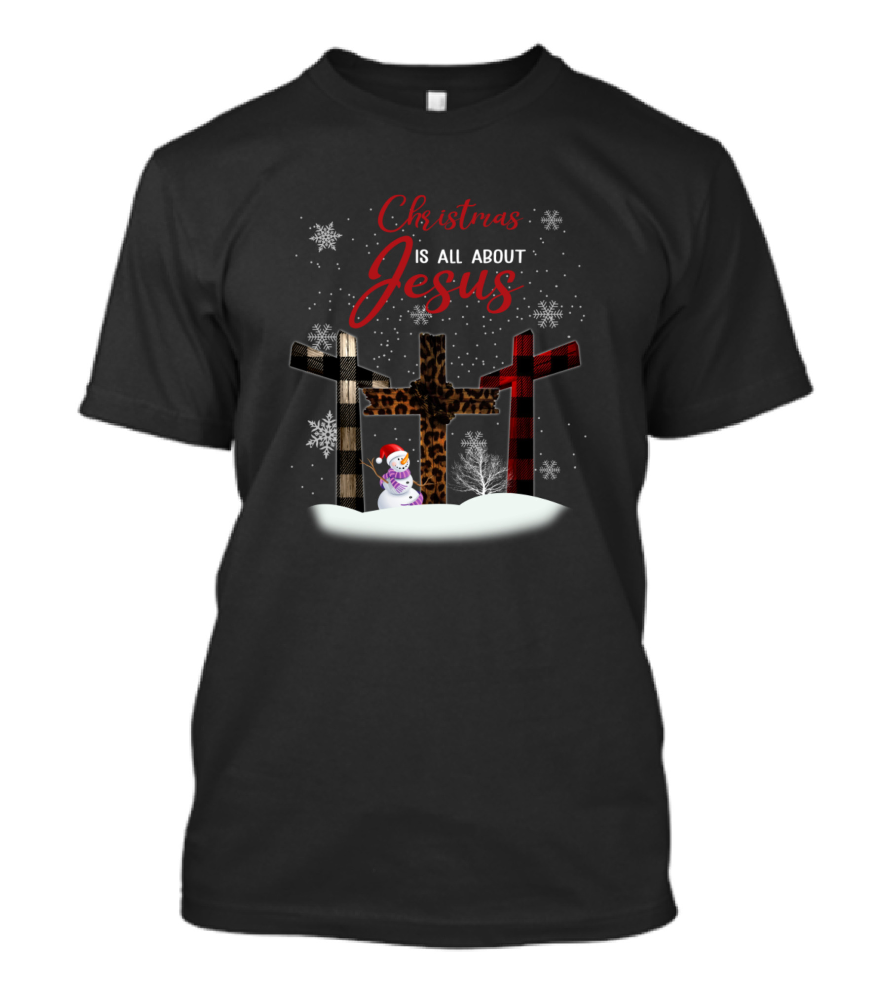 Christmas Is All About Jesus Snowman And Plaid Crosses T-Shirt