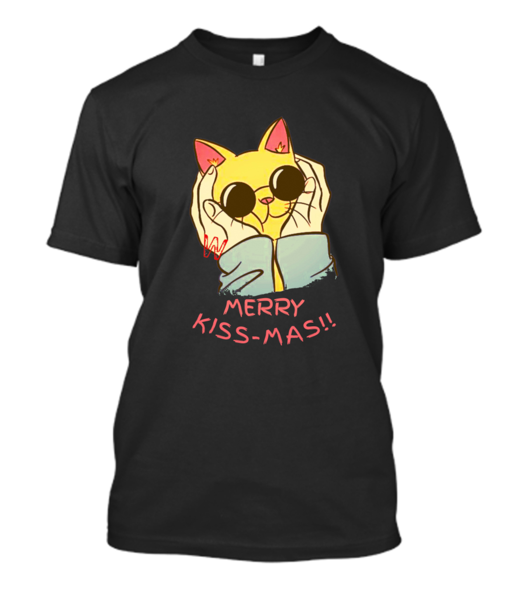 Merry Kissmas Cat In Sunglasses With Hands Hugging T-Shirt