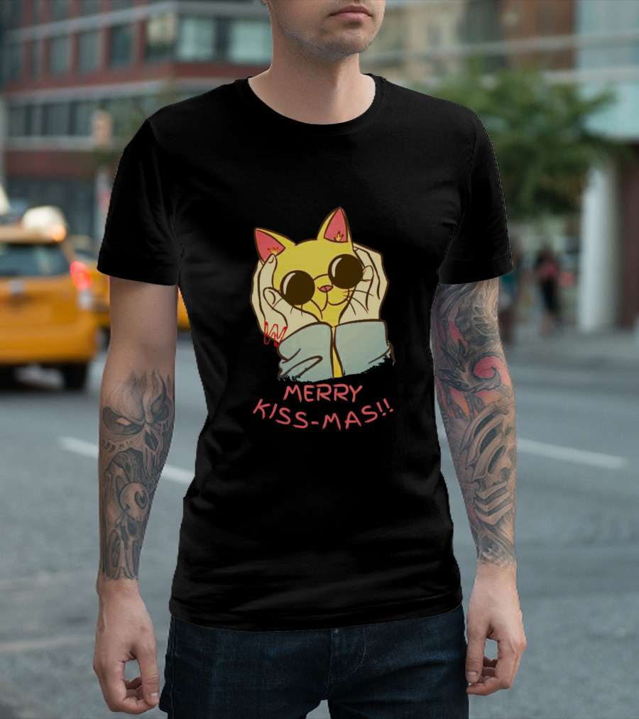 Merry Kissmas Cat In Sunglasses With Hands Hugging T-Shirt