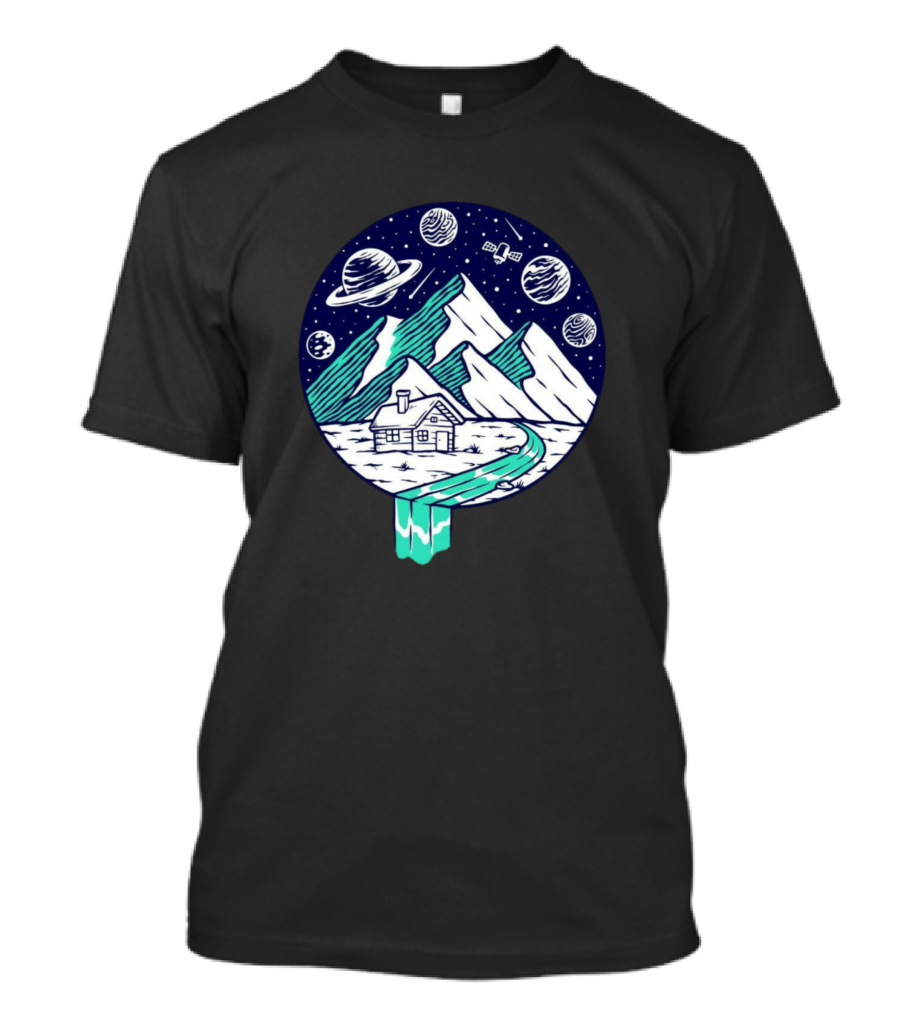 View Of The Mountain At Night With Planets And Cabin T-Shirt