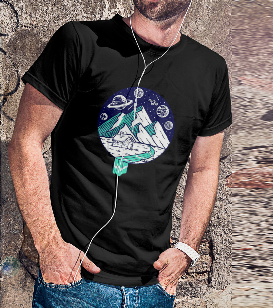 View Of The Mountain At Night With Planets And Cabin T-Shirt