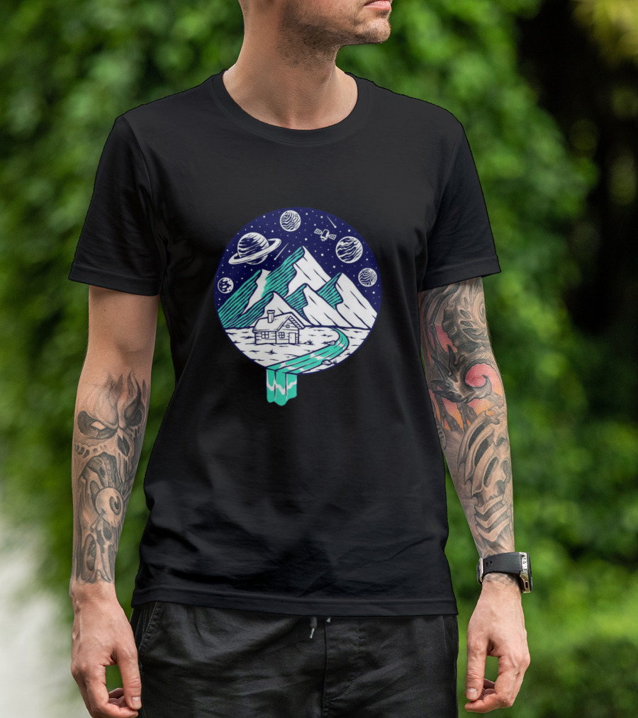 View Of The Mountain At Night With Planets And Cabin T-Shirt