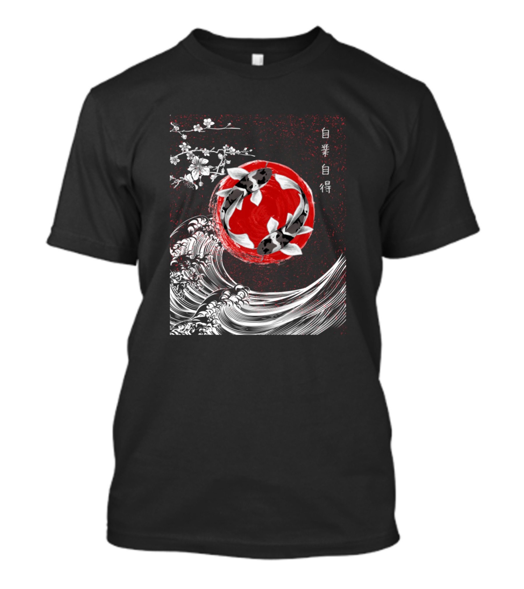 Yin Yang Koi Fish Red Circle With Japanese Waves And Cherry Blossoms T-Shirt