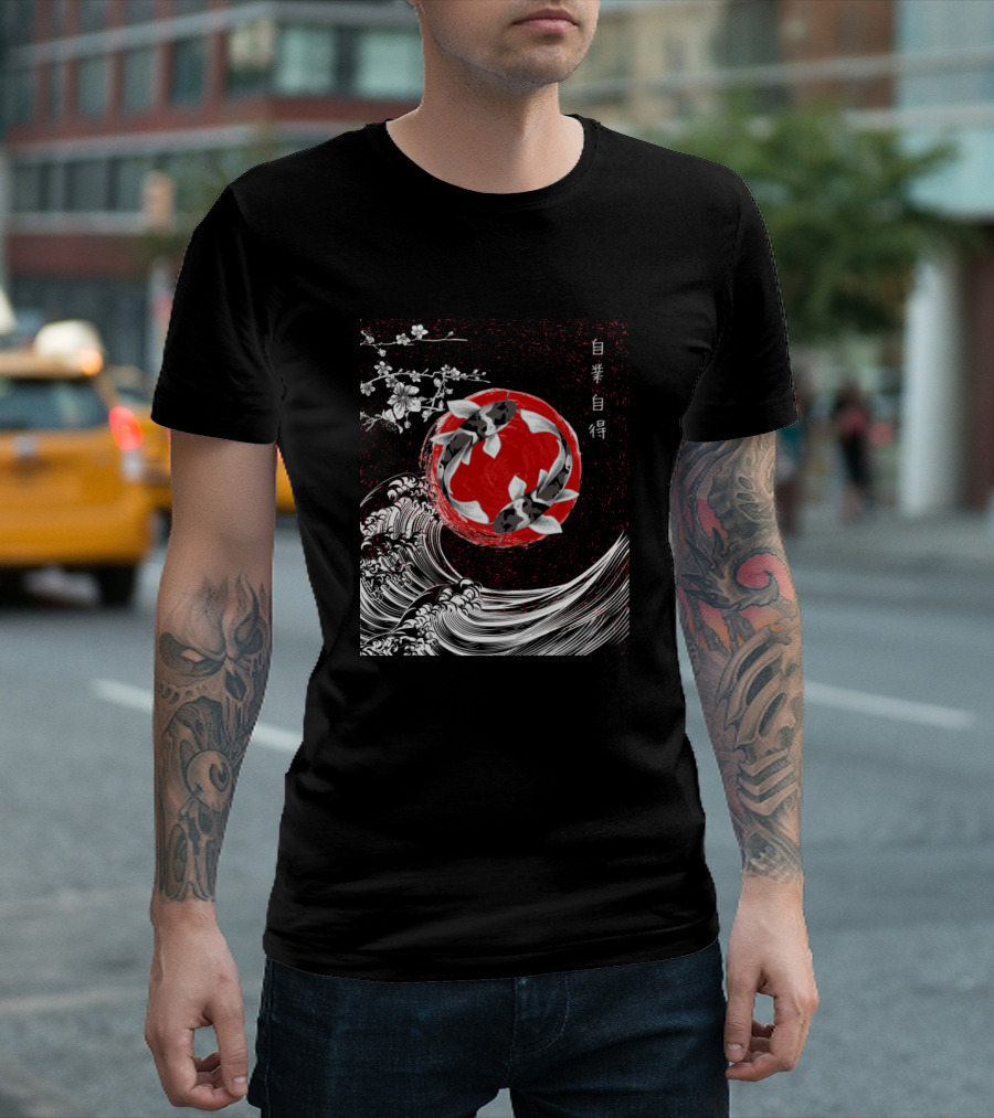 Yin Yang Koi Fish Red Circle With Japanese Waves And Cherry Blossoms T-Shirt