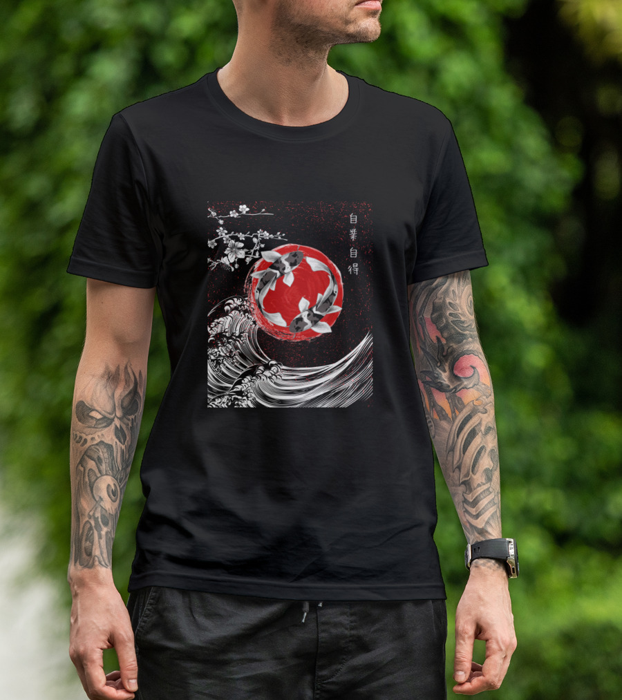 Yin Yang Koi Fish Red Circle With Japanese Waves And Cherry Blossoms T-Shirt