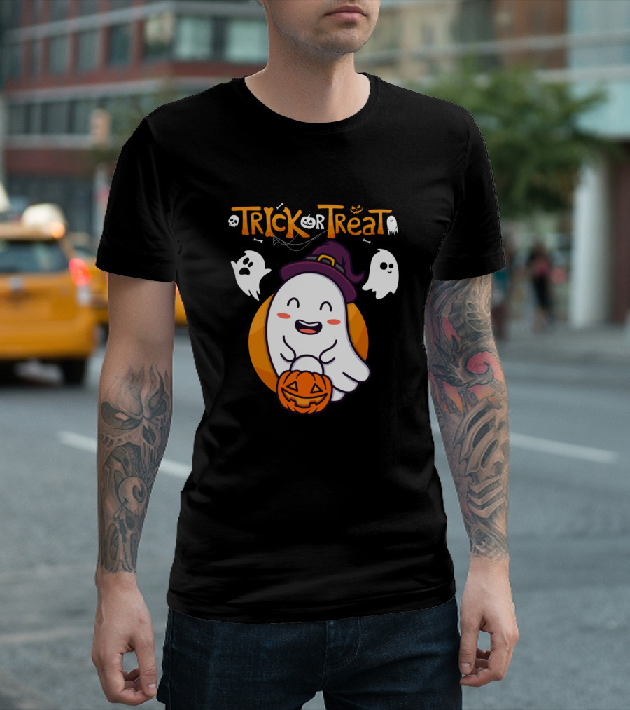 Trick Or Treat Ghost In Witch Hat With Pumpkin T-Shirt