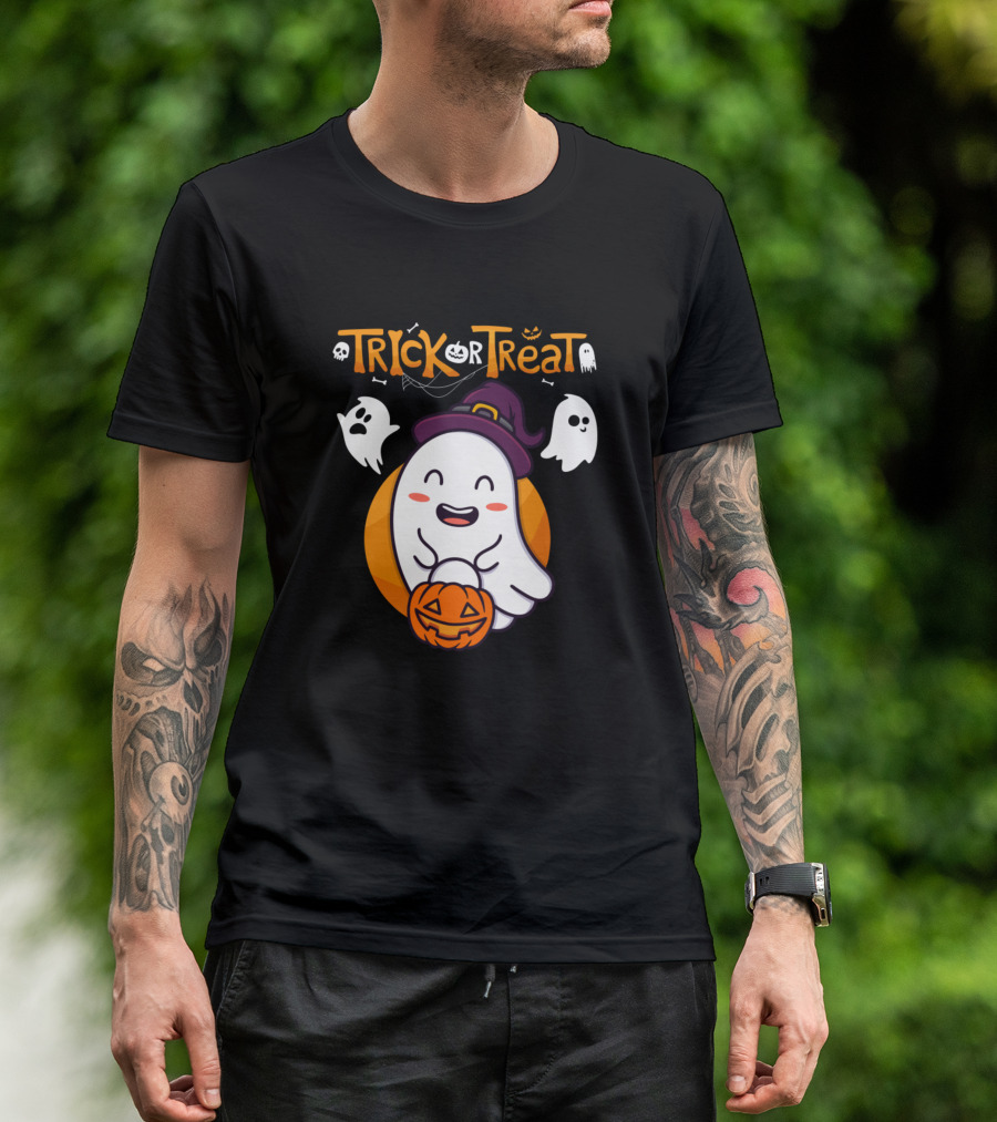 Trick Or Treat Ghost In Witch Hat With Pumpkin T-Shirt