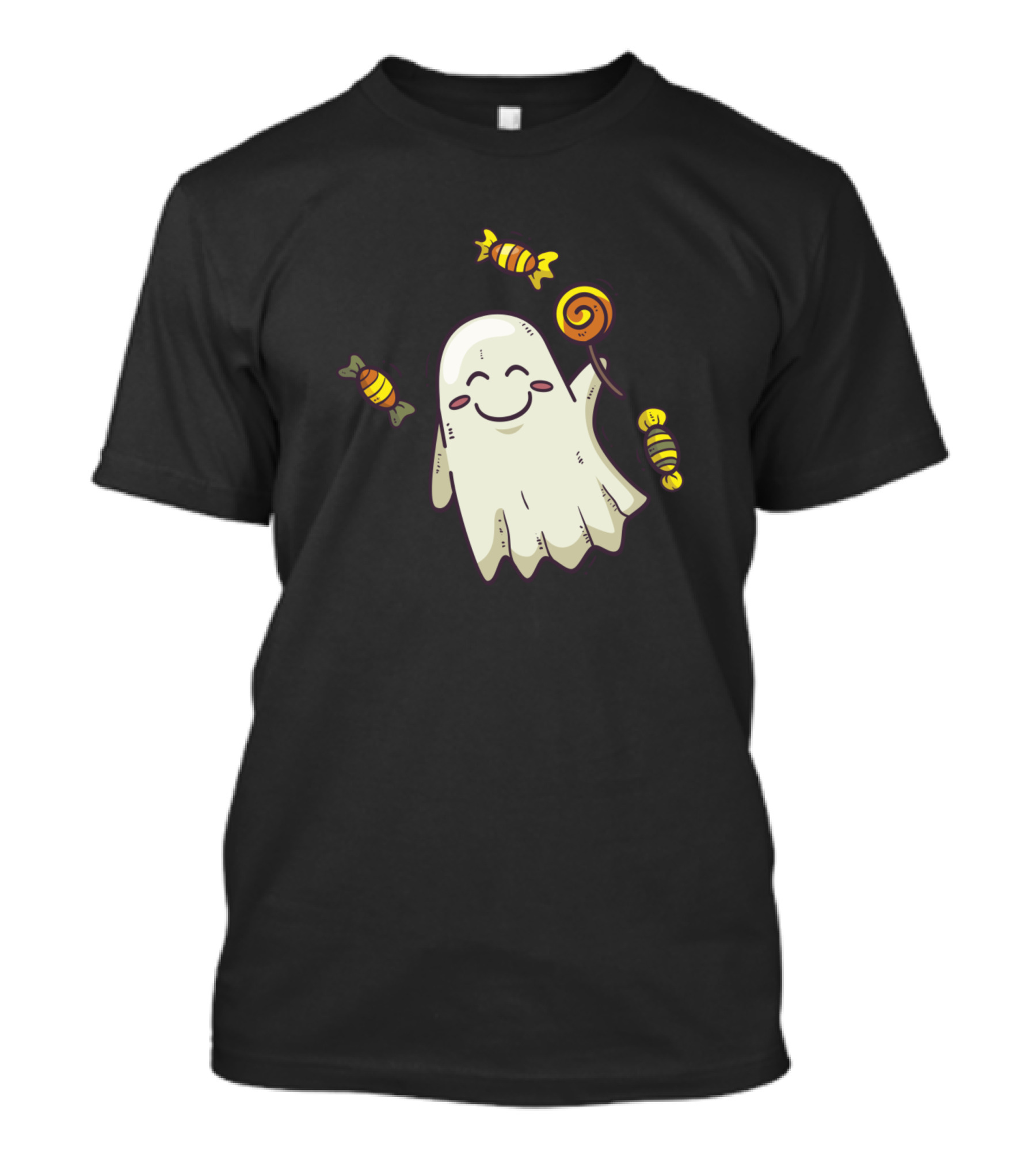 Candy And Ghost Holding Lollipop Surrounded By Wrapped Sweets T-Shirt