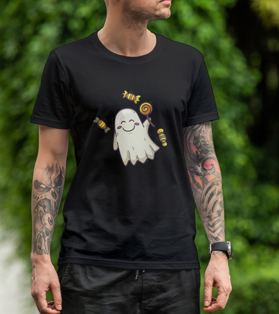 Candy And Ghost Holding Lollipop Surrounded By Wrapped Sweets T-Shirt