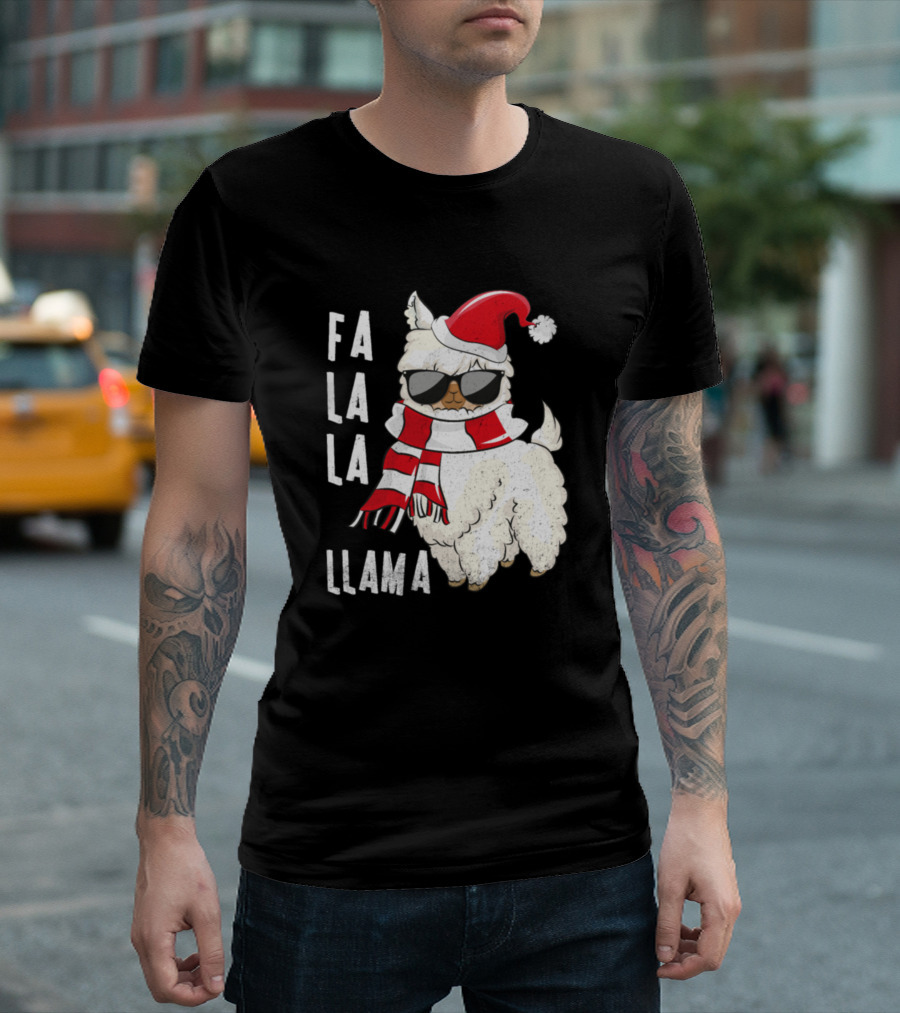 Fa La La La Llama Merry Christmas Santa Hat and Sunglasses T-Shirt
