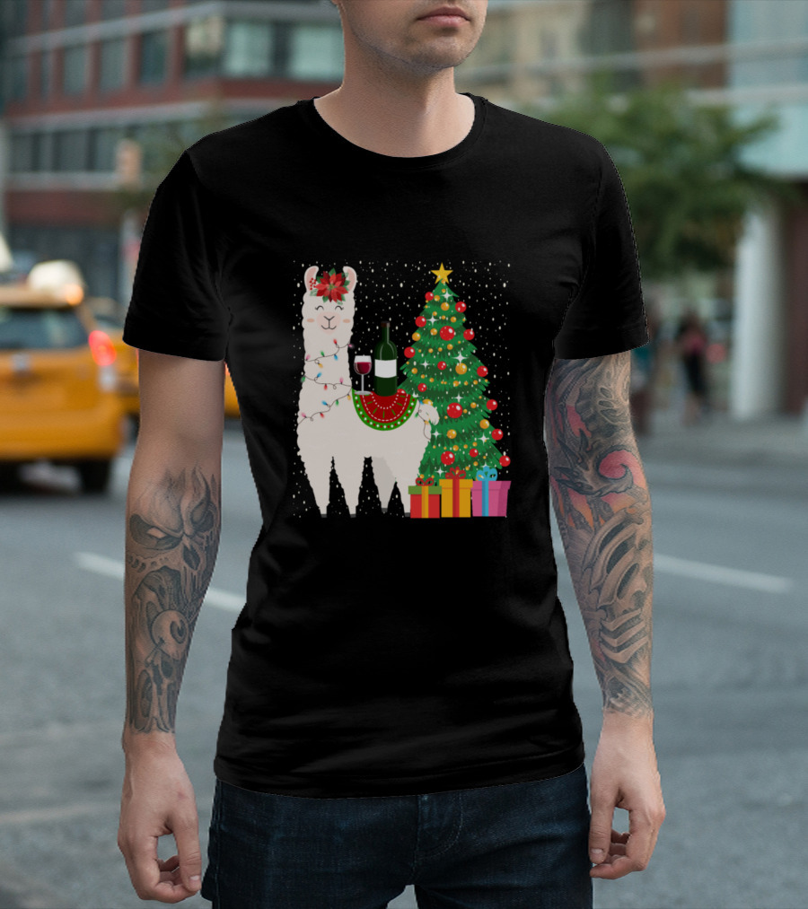 Christmas Llama with Wine and Festive Tree T-Shirt
