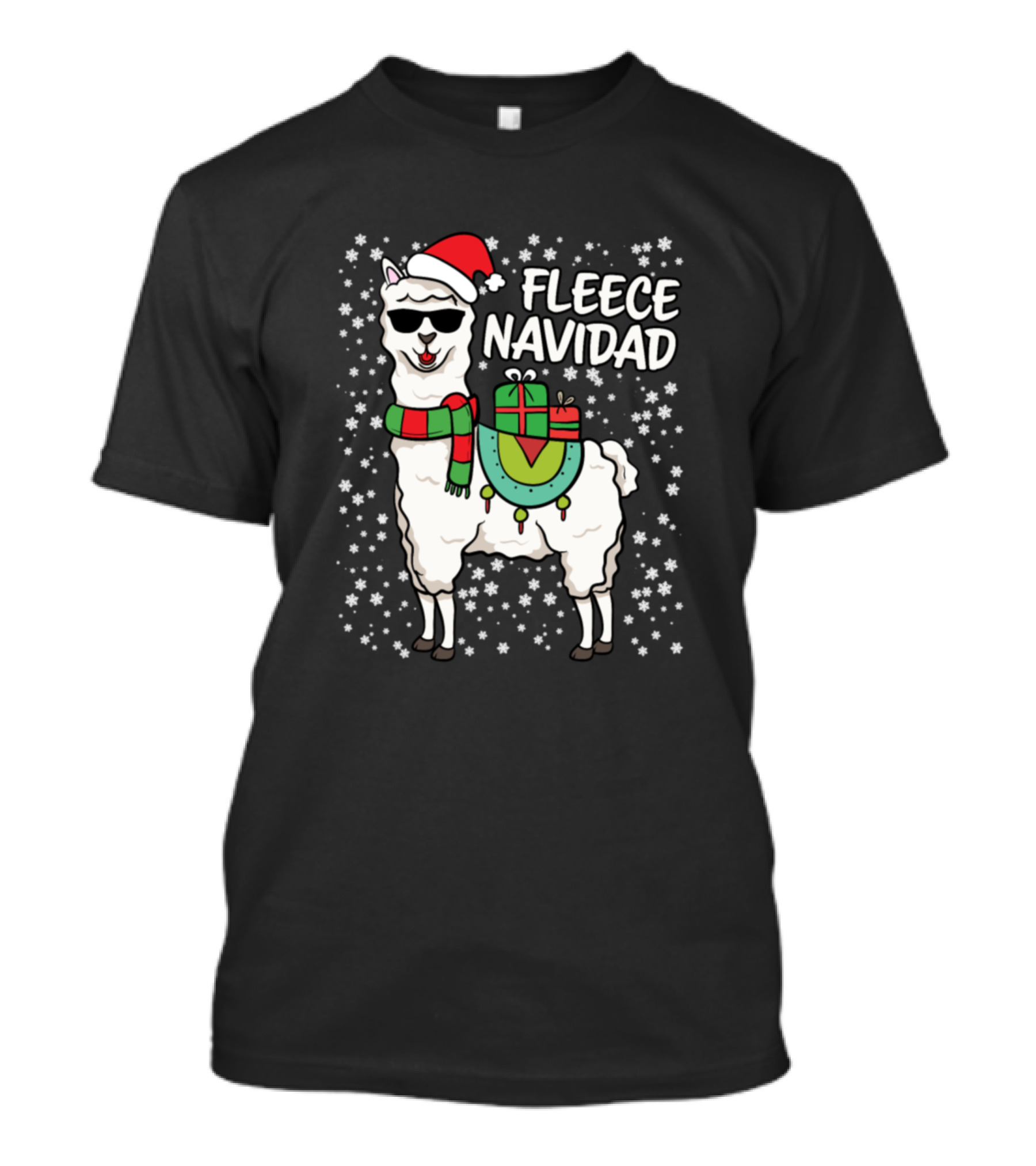 Fleece Navidad Llama With Santa Hat And Sunglasses Surrounded By Snowflakes T-Shirt