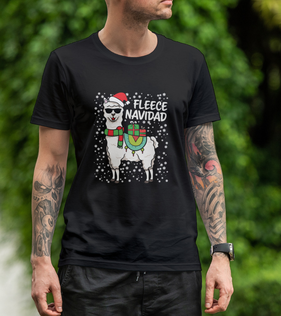 Fleece Navidad Llama With Santa Hat And Sunglasses Surrounded By Snowflakes T-Shirt