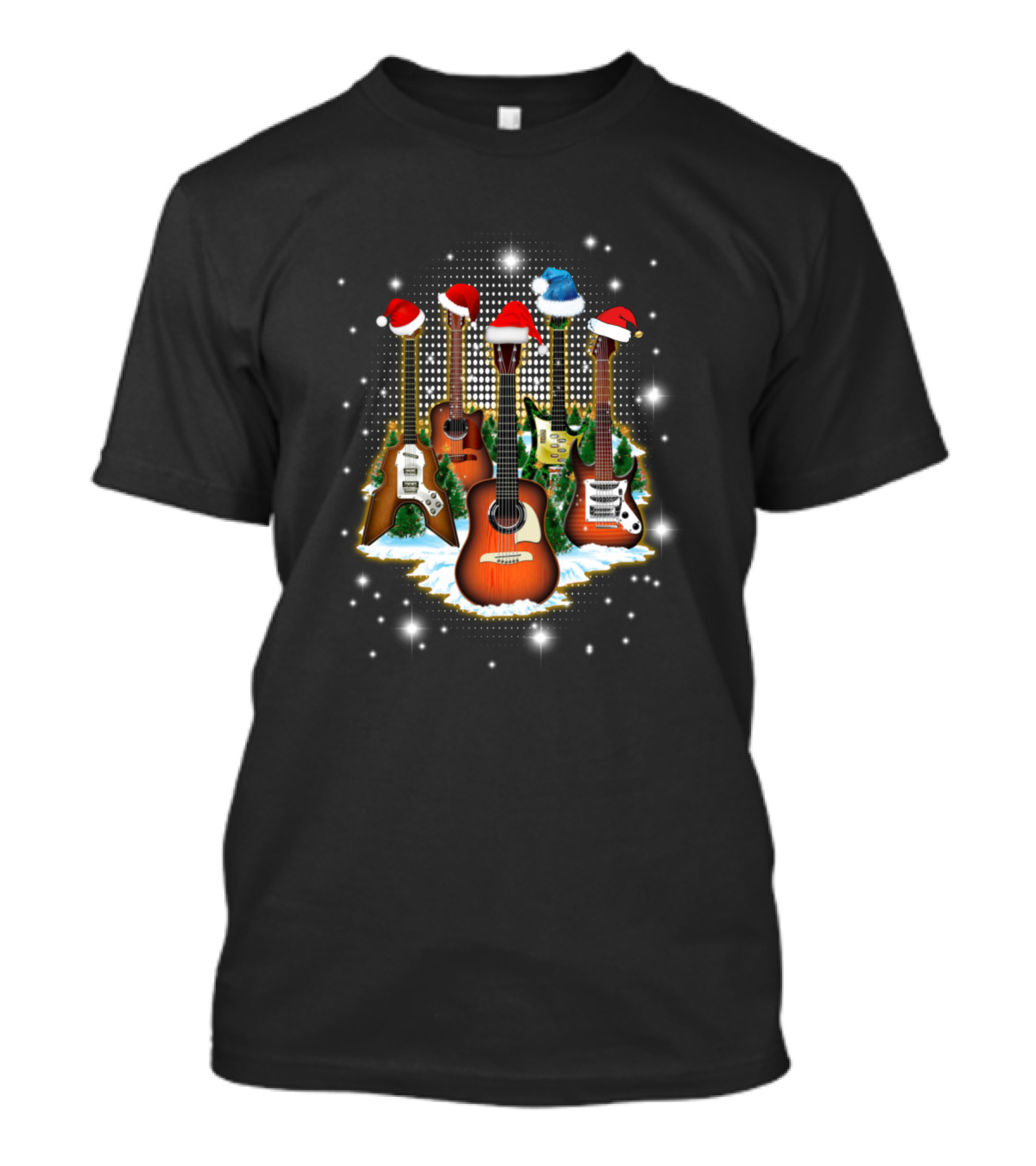 Christmas Guitar Santa Hats Holiday Lights T-Shirt