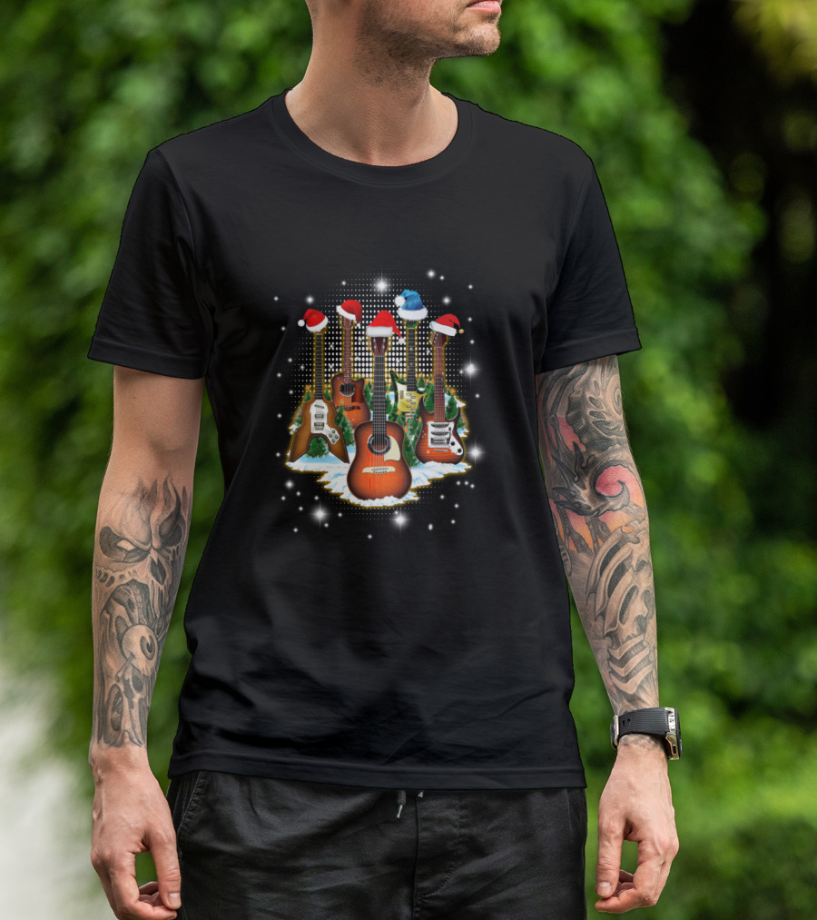 Christmas Guitar Santa Hats Holiday Lights T-Shirt