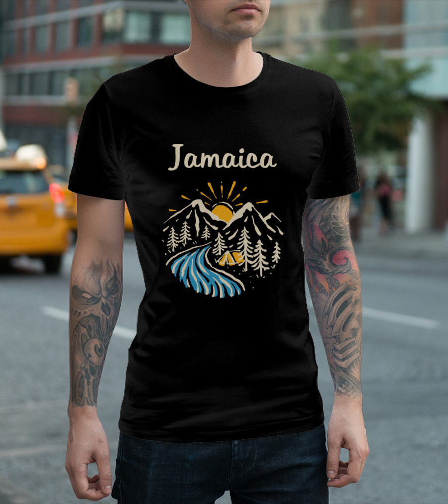 Jamaica Sunrise Over Mountains with River and Tent Scene T-Shirt