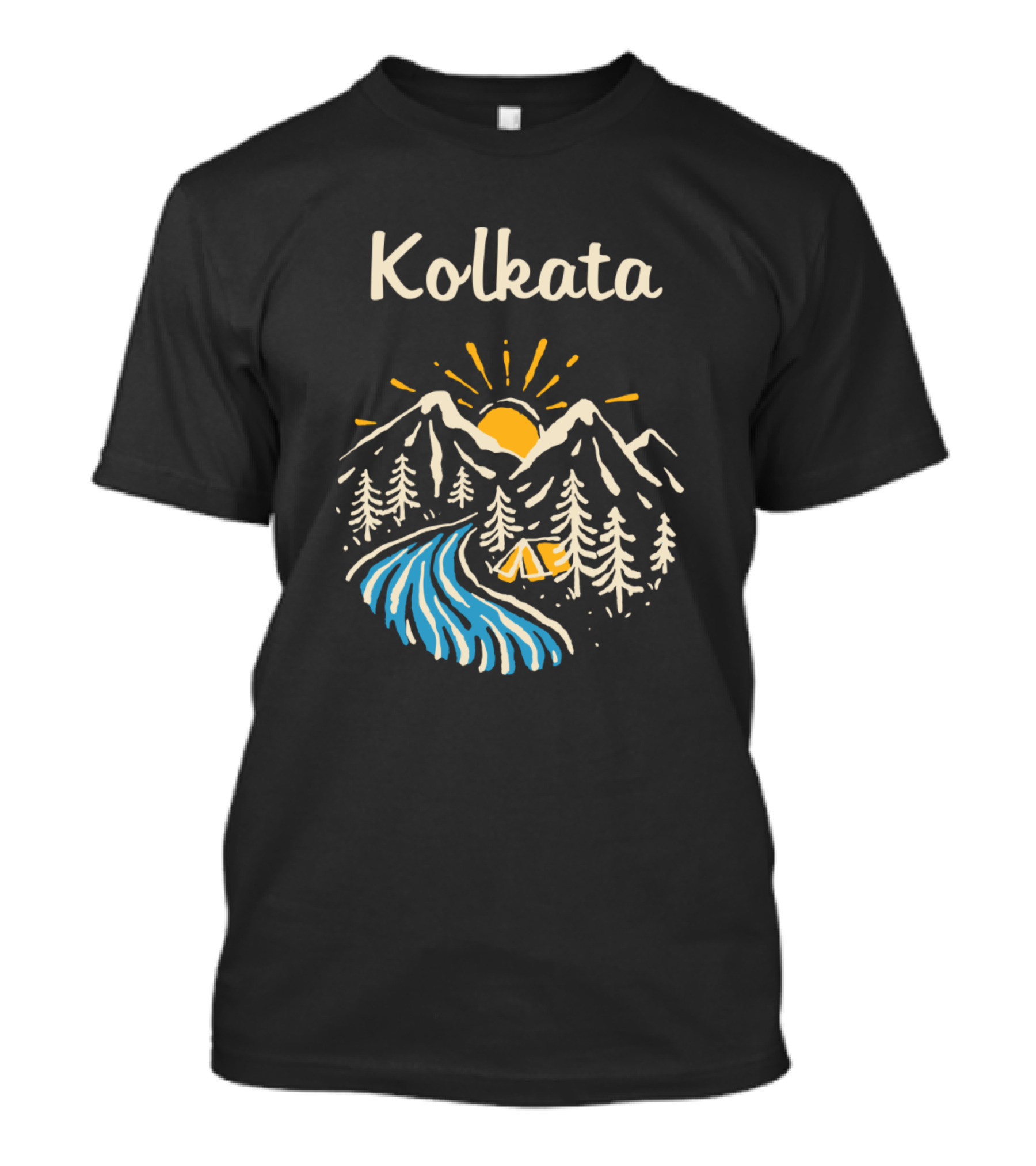 Kolkata Sunrise Mountain Camping Scene With River T-Shirt