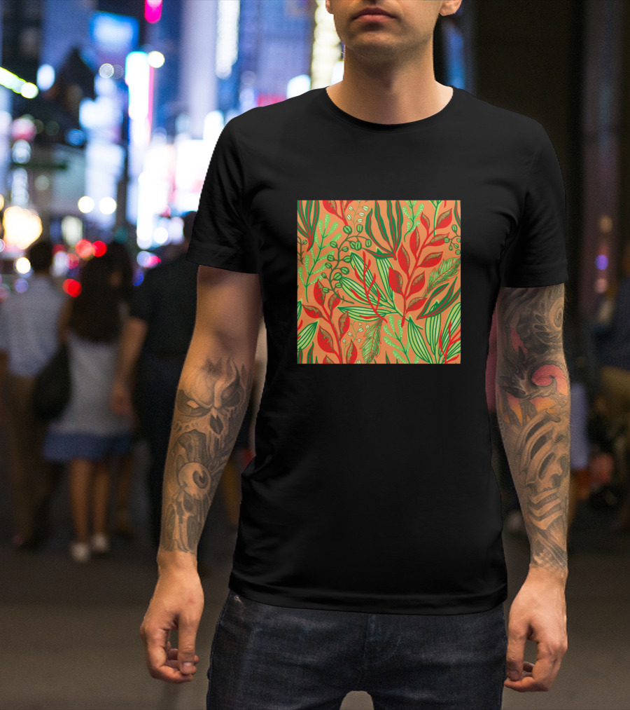 Neon Leafy Pattern With Red And Green Foliage On Orange Background T-Shirt