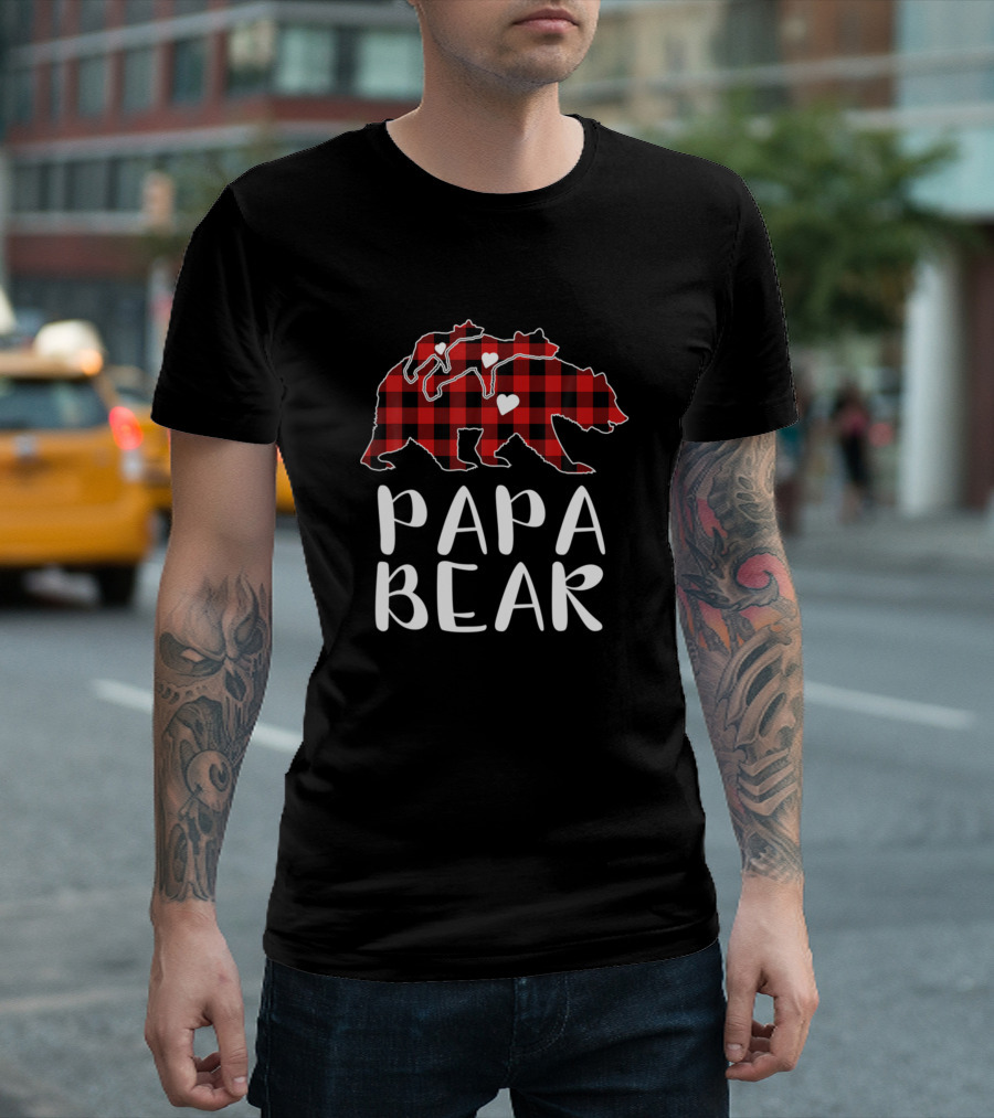Papa Bear Red Plaid Buffalo Check Family Bears and Hearts T-Shirt